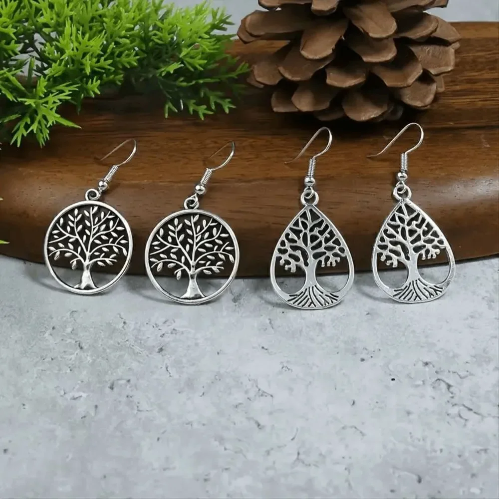 Antique Silver Vintage Style Round Drop Shape Hollow Tree Of Life Dangle Earring